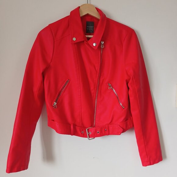 Primark Biker Jacket Size 8 Red Faux Leather - Picture 1 of 6